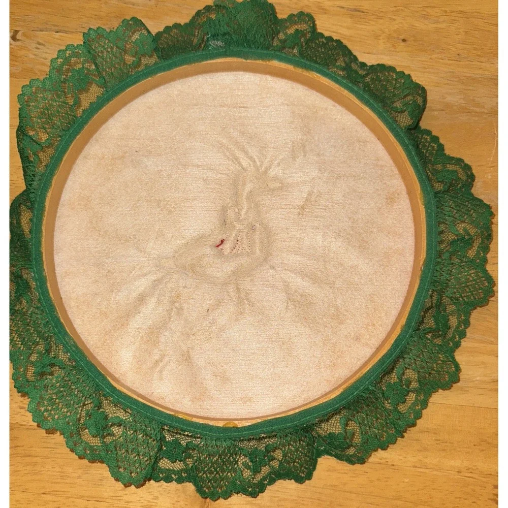 Vtg Handmade Christmas Goose Embroidery Hoop Wall Hanging Lace Trim Grandmacore